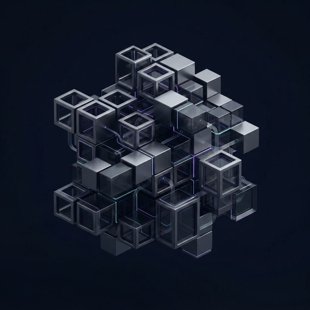 A modular sculpture of interlocking wireframe cubes, representing connected software systems